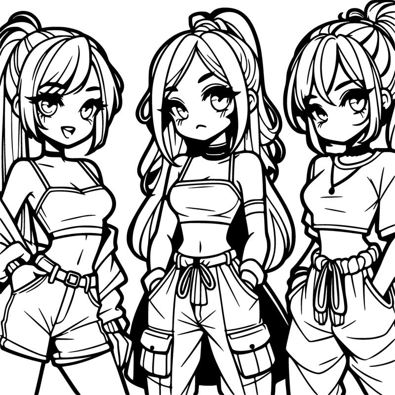 3 anime girls 1 with a crop top 2 with a ponytail 3 with a baggy pants