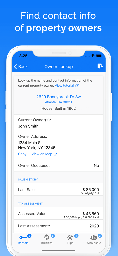 DealCheck: Analyze Real Estate - 物件所有者の連絡先情報と税評価履歴を表示するDealCheckアプリのインターフェース
