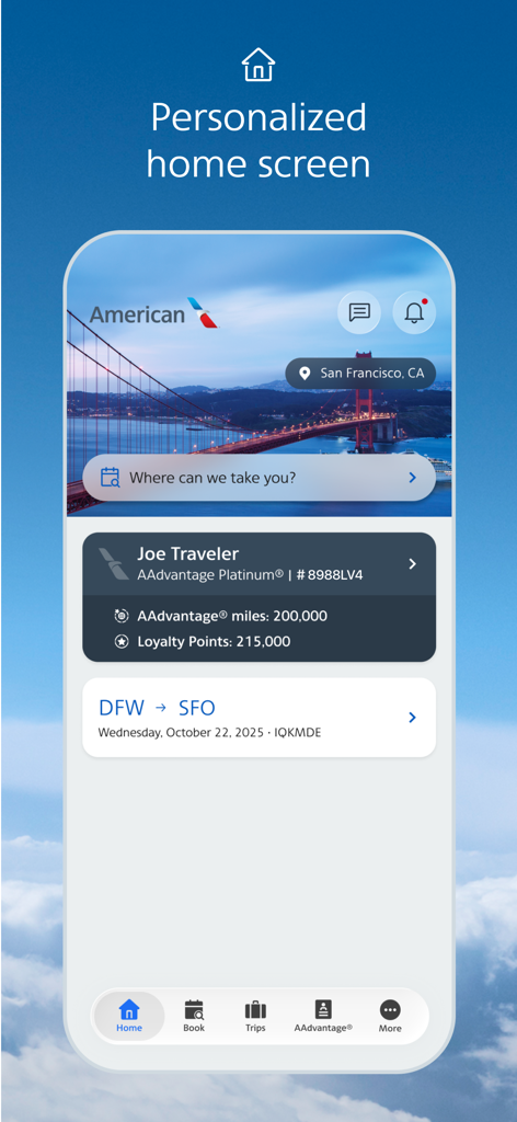 American Airlines app personalized home screen showing AAdvantage loyalty status and upcoming flight information