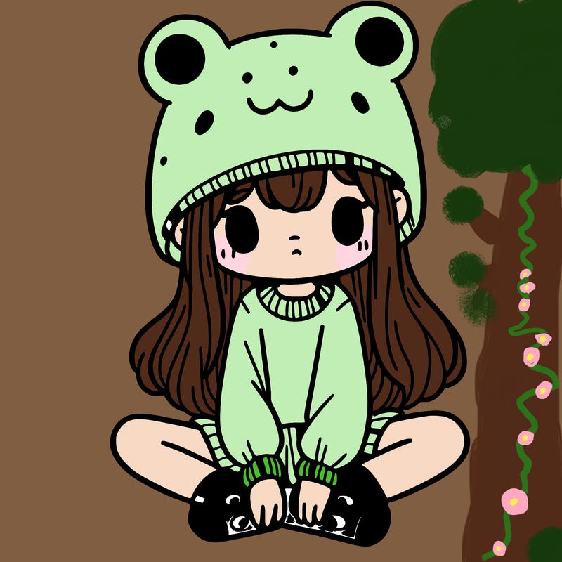 a girl wearing a frog hat and some frog socks