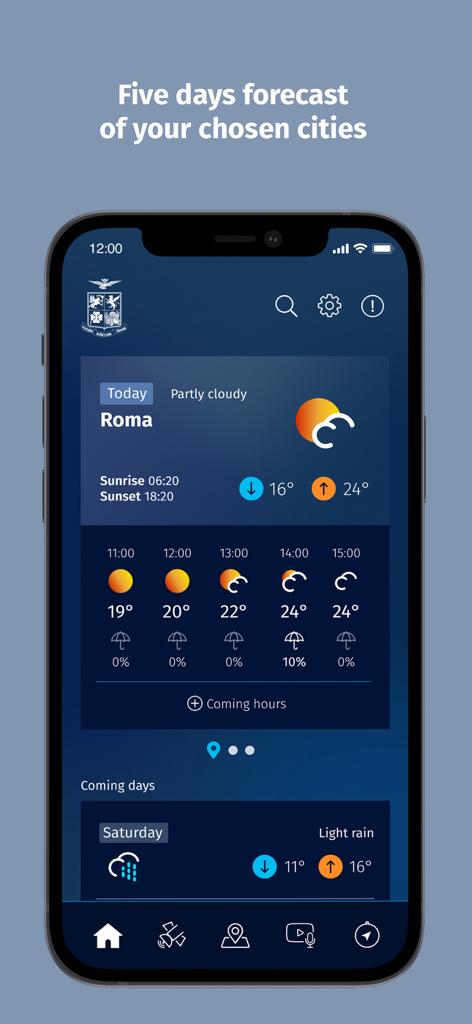 Official Meteo Aeronautica app interface displaying weather forecast for Rome.
