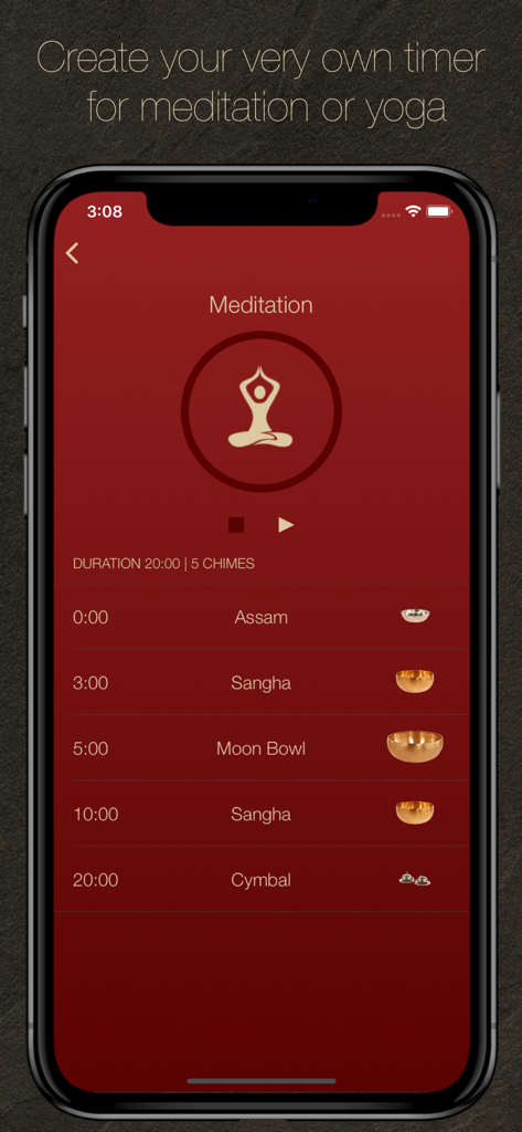 i-Qi meditation timer app screen showing a custom sequence of singing bowls including Assam Sangha and Moon Bowl for a twenty minute session