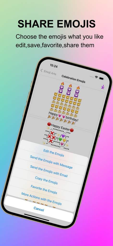 Emoji Keyboard - Face Bit Moji - Pantalla de smartphone que muestra arte de emojis para celebraciones de cumpleaños y Pascua con un menú para compartir y editar.