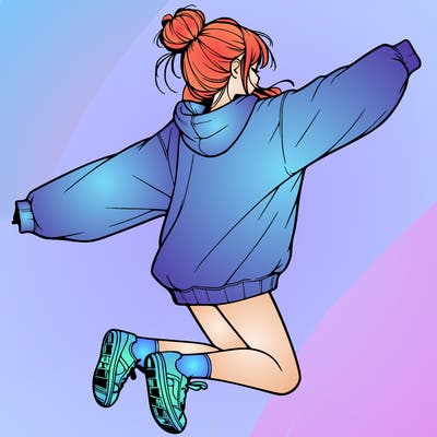 realistic girl jumping with a bun and oversized sweatshirt