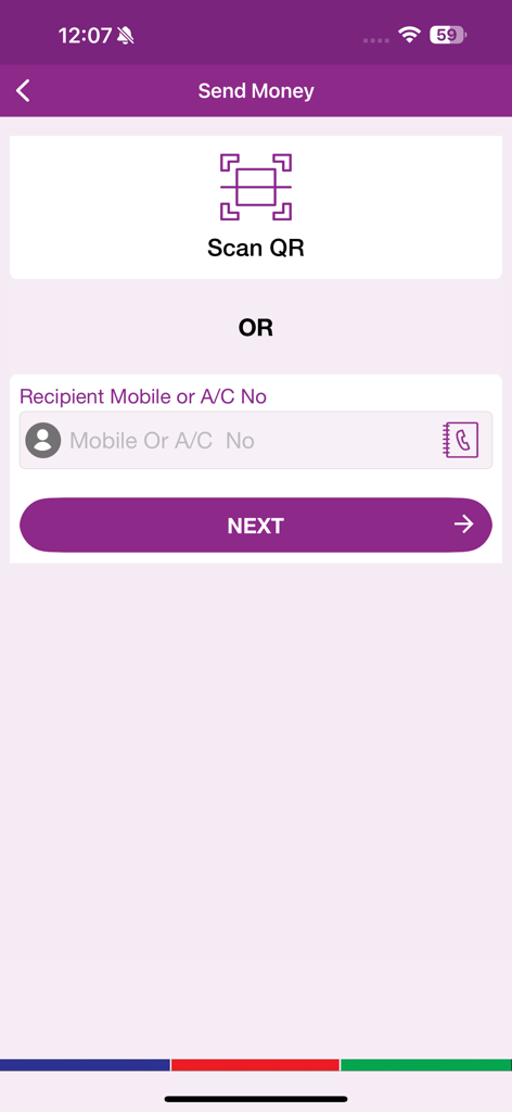 DBBL Rocket app send money screen with QR scan and recipient input