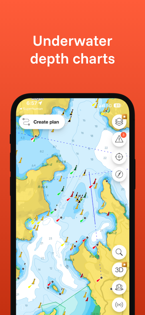 Smartphone screen displaying detailed underwater depth charts and marine navigation map from the DECKEE app