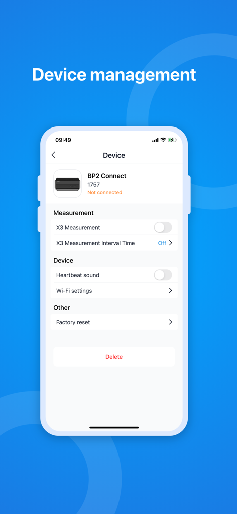 ViHealth - ViHealth app device management screen showing settings for the BP2 Connect monitor