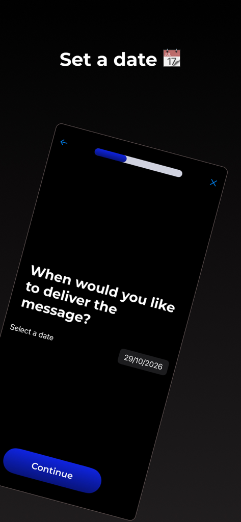 Pantalla de la aplicación DearMe para establecer una fecha de entrega futura para una carta a ti mismo