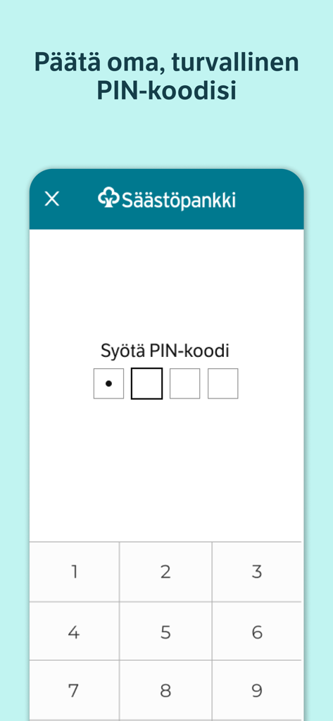 Mobile interface for setting a secure PIN code in the Saastopankki Tunnistus authentication app.