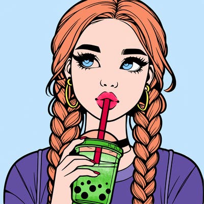 realistic girl with braided hair drinking boba
