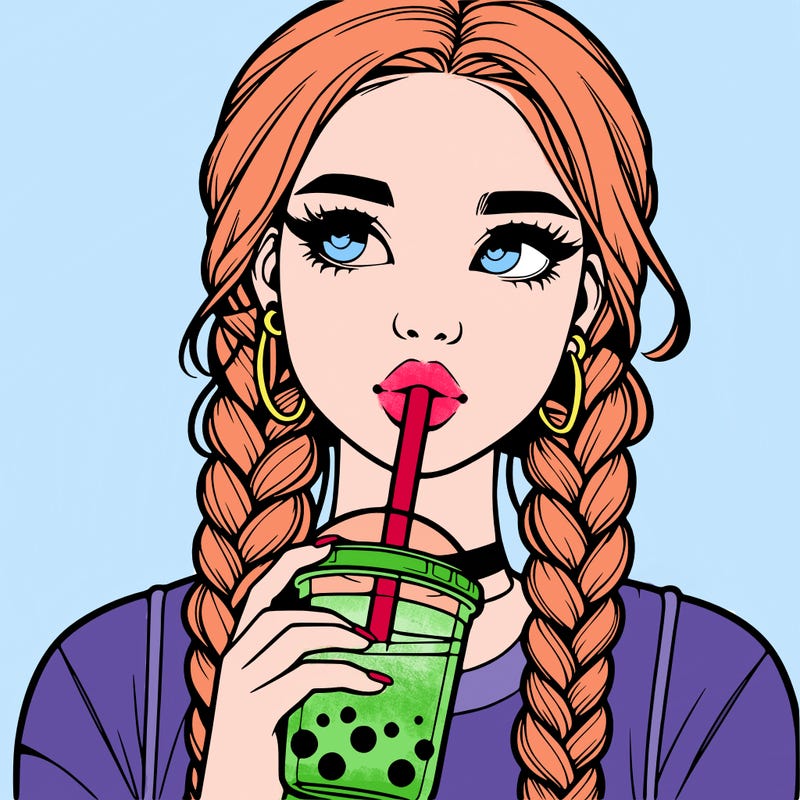 realistic girl with braided hair drinking boba