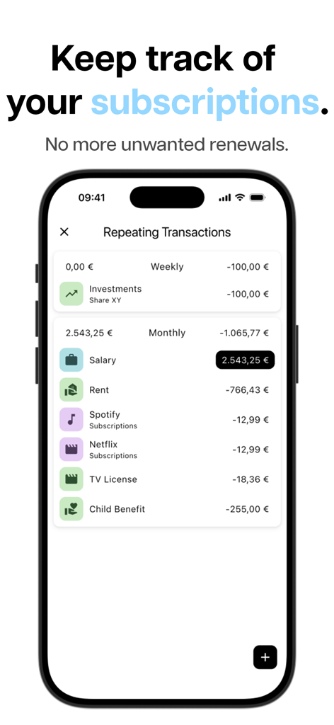 Finance Squirrel | Budget App - iPhone画面にFinance Squirrelアプリのリピートトランザクション機能が表示され、家賃やサブスクリプションなどの月額費用リストが表示されている