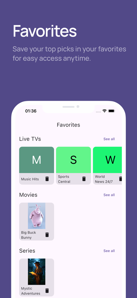 Simple IPTV - Live Player - Simple IPTV app favorites screen with live TV movies and series