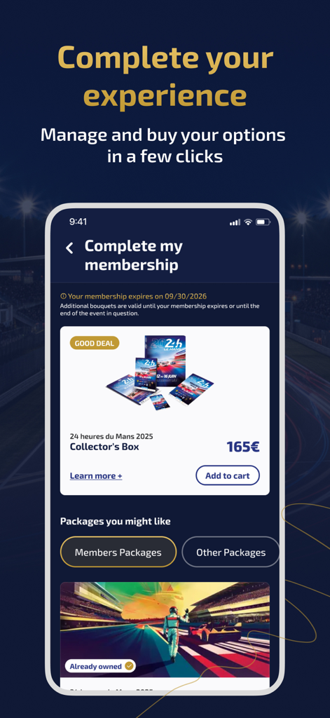 Tela do aplicativo Membres ACO mostrando pacotes de associação e caixa colecionável de Le Mans à venda