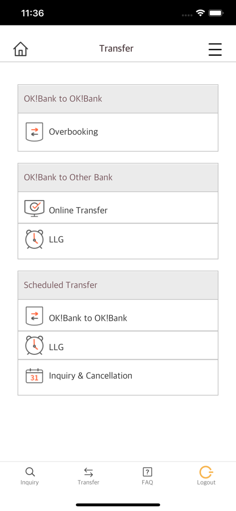 OK BANK Mobile - OK BANK Mobile app transfer screen showing options for internal transfers, other bank transfers, and scheduled transactions.