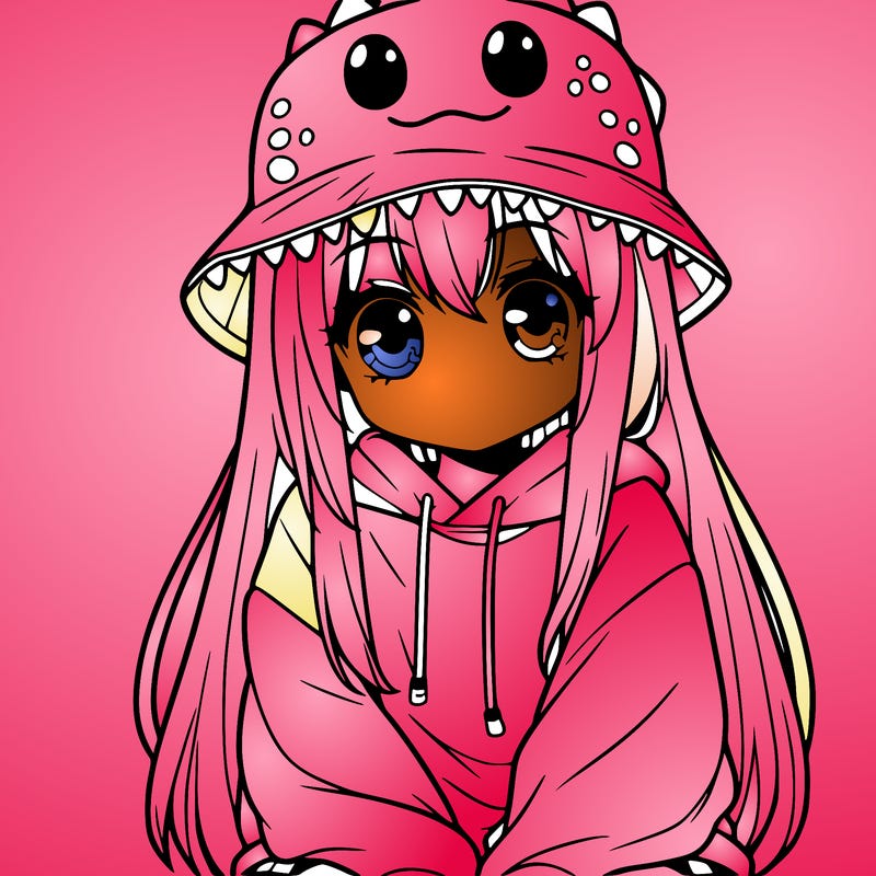 girl with anime shaped eyes with a dinosaur bucket hat oversized sweatshirt long straight hair