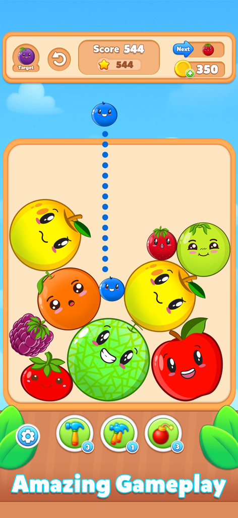 Fruit Match Juicy Drop Merge - Gameplay of Fruit Match Juicy Drop Merge showing colorful fruits with cute faces being dropped and merged in a puzzle grid.