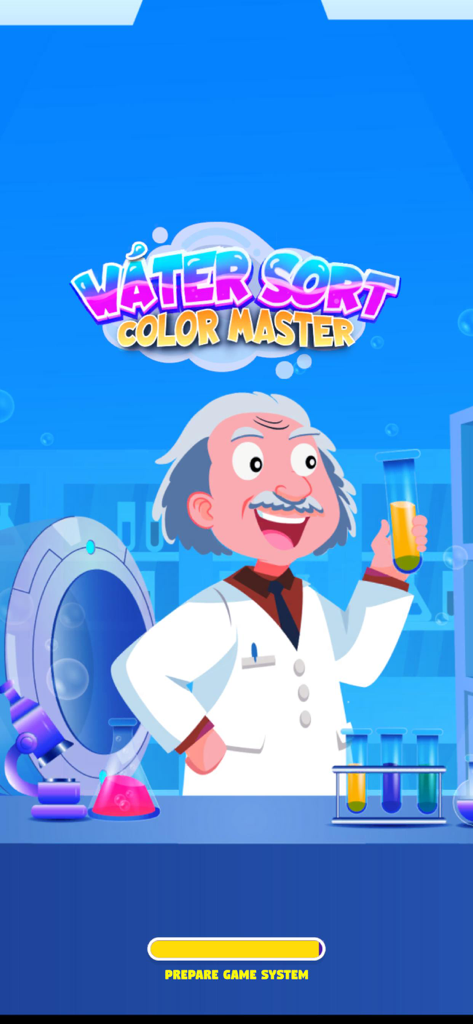 Water Sort: Color Master - Splash screen for Water Sort Color Master game featuring a cartoon scientist in a laboratory