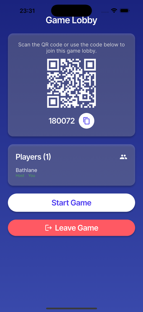 Interface do lobby do jogo Meme It mostrando um código QR e um código de acesso para partidas de memes multijogador