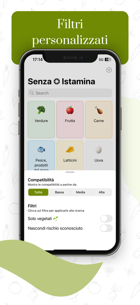 Pantalla de la aplicación Senza Istamina que muestra filtros de categorías de alimentos y configuraciones de compatibilidad de histamina para la gestión dietética.