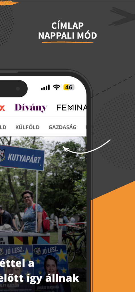 Index.hu news app interface displaying the homepage in day mode with Hungarian news categories and article previews.