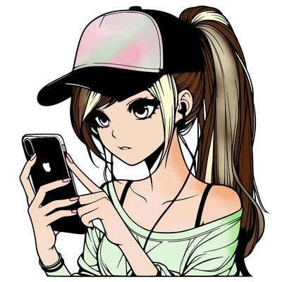 realistic girl with a long ponytail and trucker hat holding an iphone