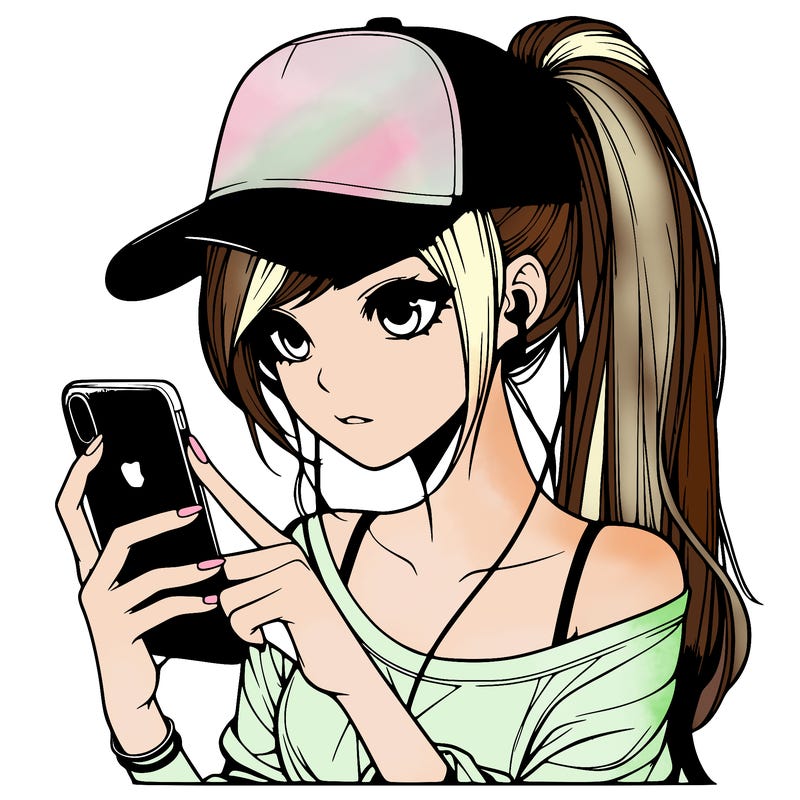 realistic girl with a long ponytail and trucker hat holding an iphone