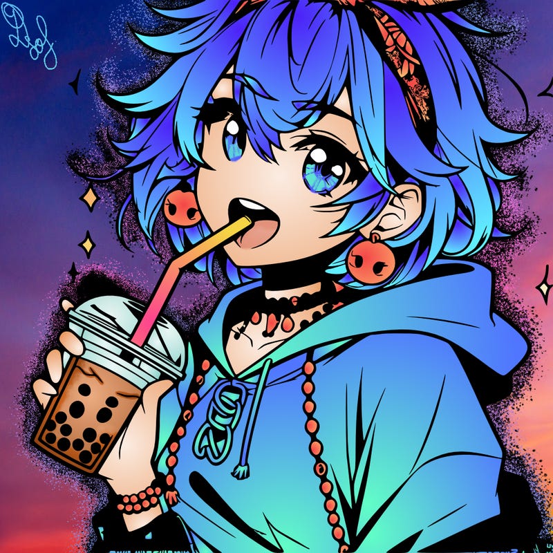 hot baddie anime girl drinking boba and biting the straw