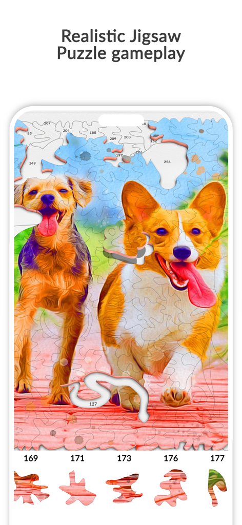 April: Jigsaw Puzzle by Number - Realistic jigsaw puzzle gameplay showing two dogs in watercolor art with numbered pieces