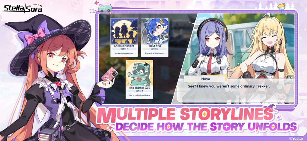 Stella Sora - Tela do jogo Stella Sora mostrando escolhas de história ramificadas e diálogo de personagens de anime