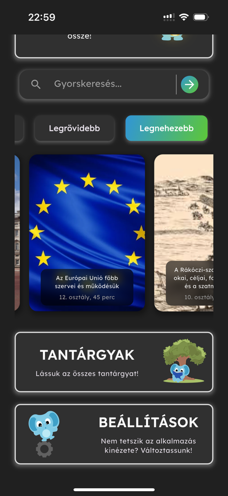 Panel de la aplicación móvil Easy Study con tarjetas de temas de estudio para la Unión Europea e historia junto con botones de navegación para materias y configuraciones.