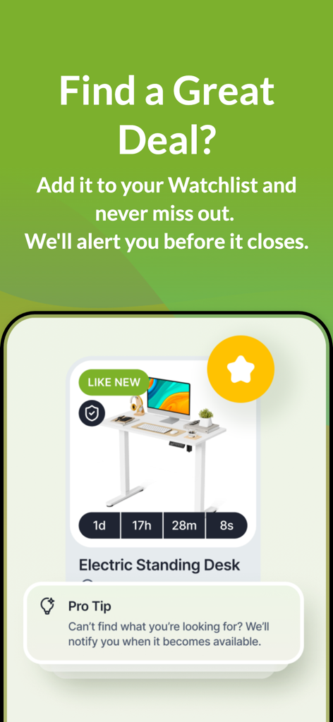Interface do aplicativo MAC.BID mostrando um leilão de mesa elétrica com timer de contagem regressiva e recurso de notificação de lista de observação.