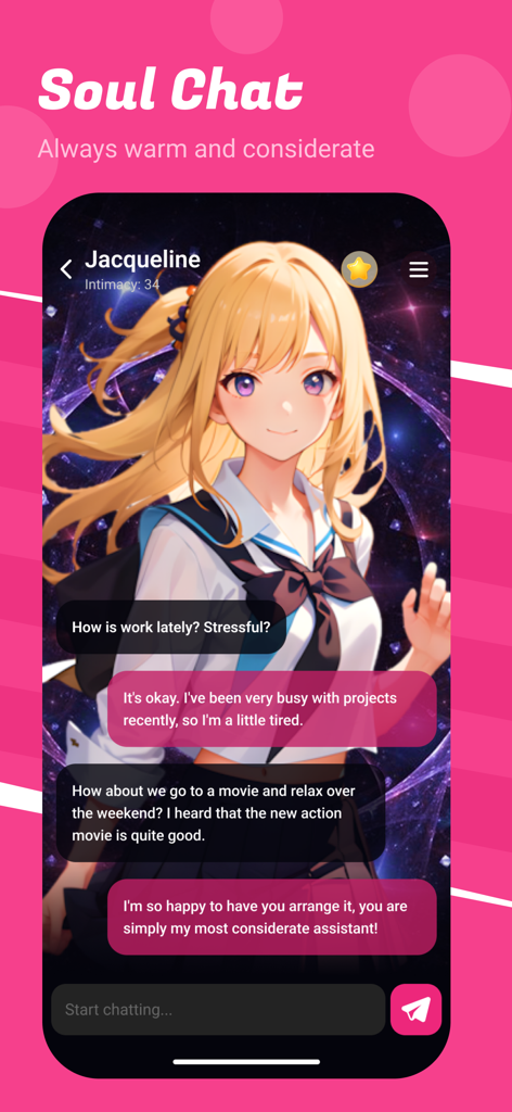 Crazy - Role Playing Companion - Interactive AI chat screen with an anime-style character named Jacqueline in the Crazy role playing app
