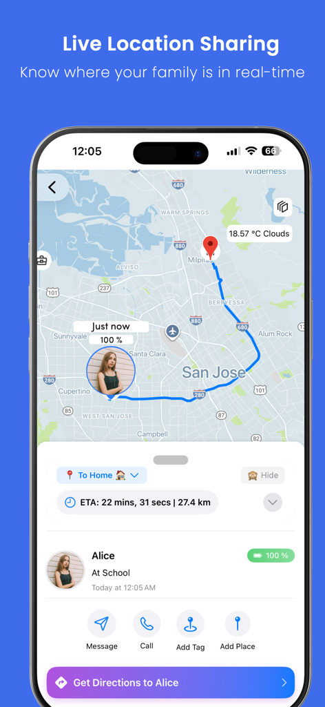 A mobile interface showing real-time location sharing of a family member on a map with an estimated arrival time