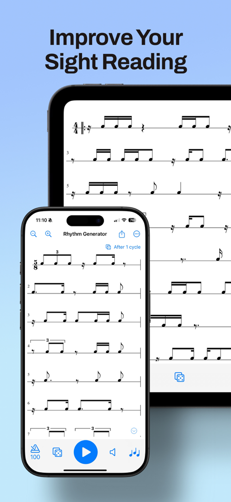 Rhythm Generator - Rhythm Generator app interface displaying musical notation for sight reading on iPhone and iPad