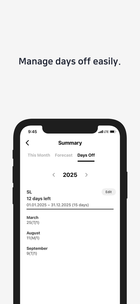 Today's Shift - Screenshot of Today's Shift app showing the Days Off summary screen with annual leave balance and scheduled vacation days.