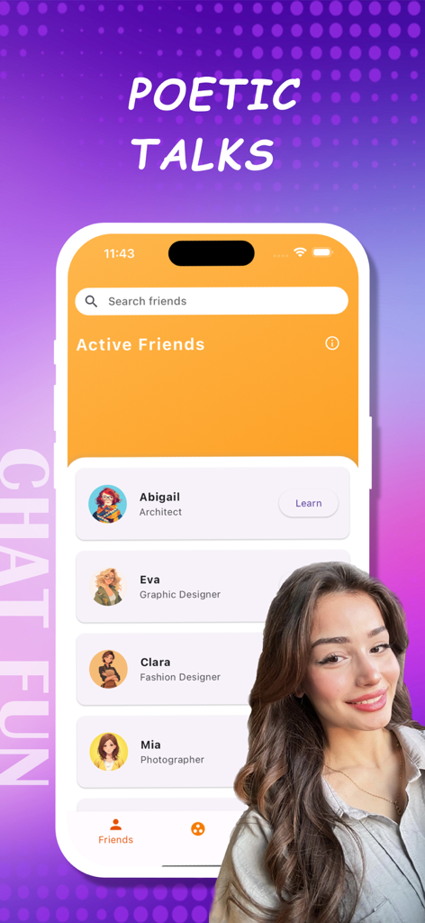 A mobile interface of the Livo app displaying a list of active AI friends like Abigail the Architect and Eva the Graphic Designer