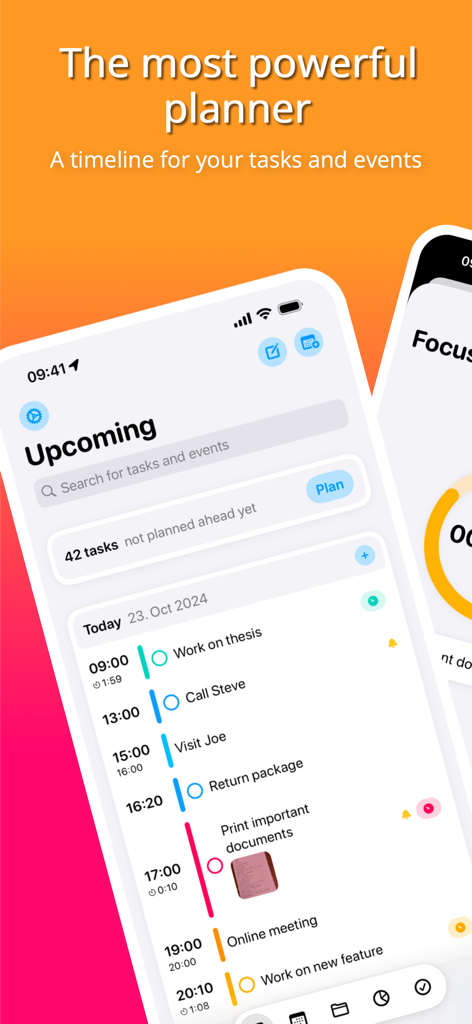 Planny X daily planner app interface showing a timeline of tasks and events on an iPhone.