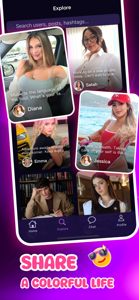 The explore page of the Paxa social media app displaying a grid of user profile cards with photos and short quotes.
