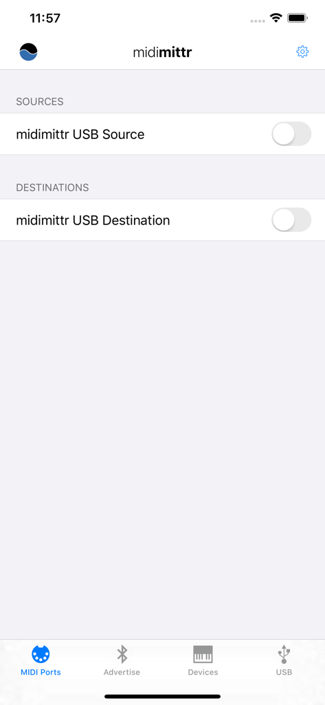midimittr - Pantalla de la aplicación midimittr que muestra la configuración de origen y destino MIDI USB