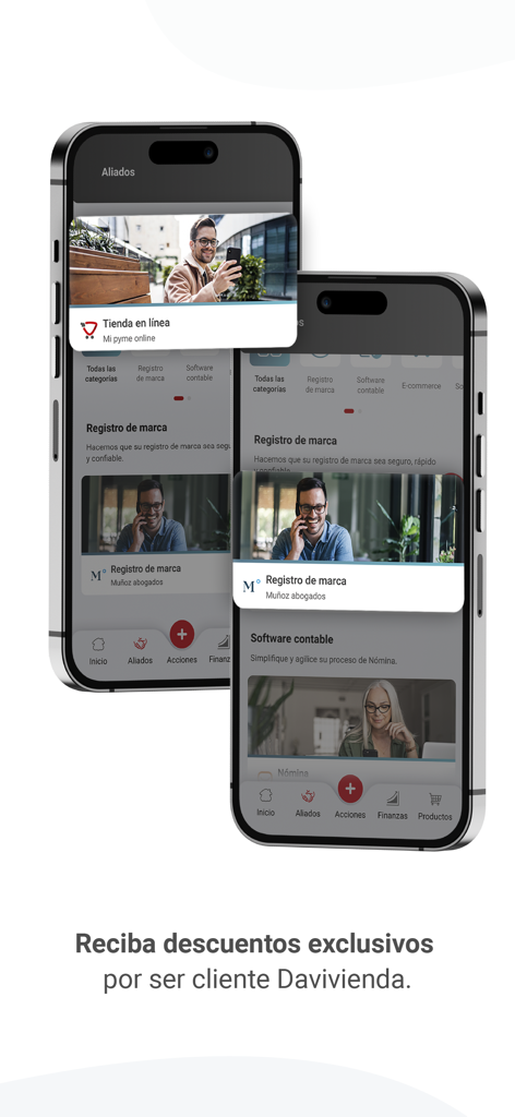 Due iPhone che mostrano l'interfaccia dell'app Davivienda Movil Empresas con testo su sconti esclusivi per clienti aziendali.