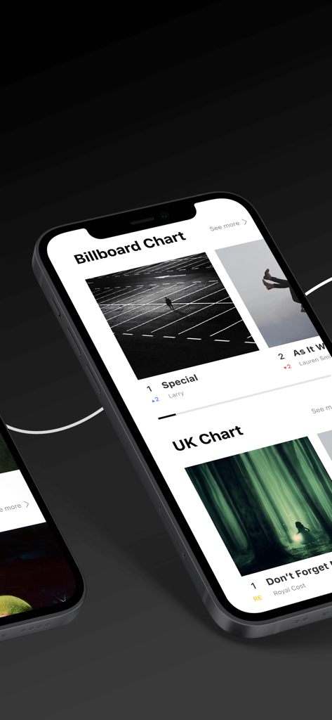 ualive - Ein Handybildschirm, der die Billboard- und UK-Musikcharts in der ualive App anzeigt.
