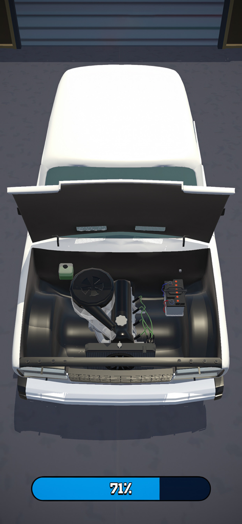 Mechanic Simulator - 정비소 시뮬레이터에서 수리 중인 자동차 엔진 베이의 탑다운 뷰