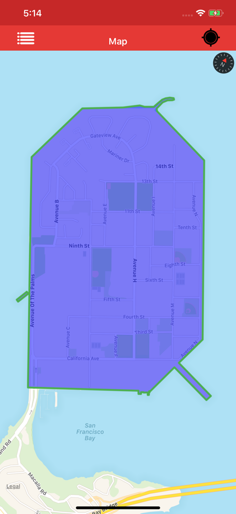 Kml Viewer-Kml Converter app - App Kml Viewer che mostra una sovrapposizione di poligoni blu su una mappa di Treasure Island San Francisco