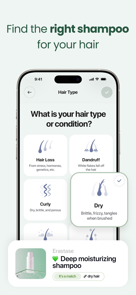 OnSkin app interface for selecting hair type and finding a matching shampoo recommendation