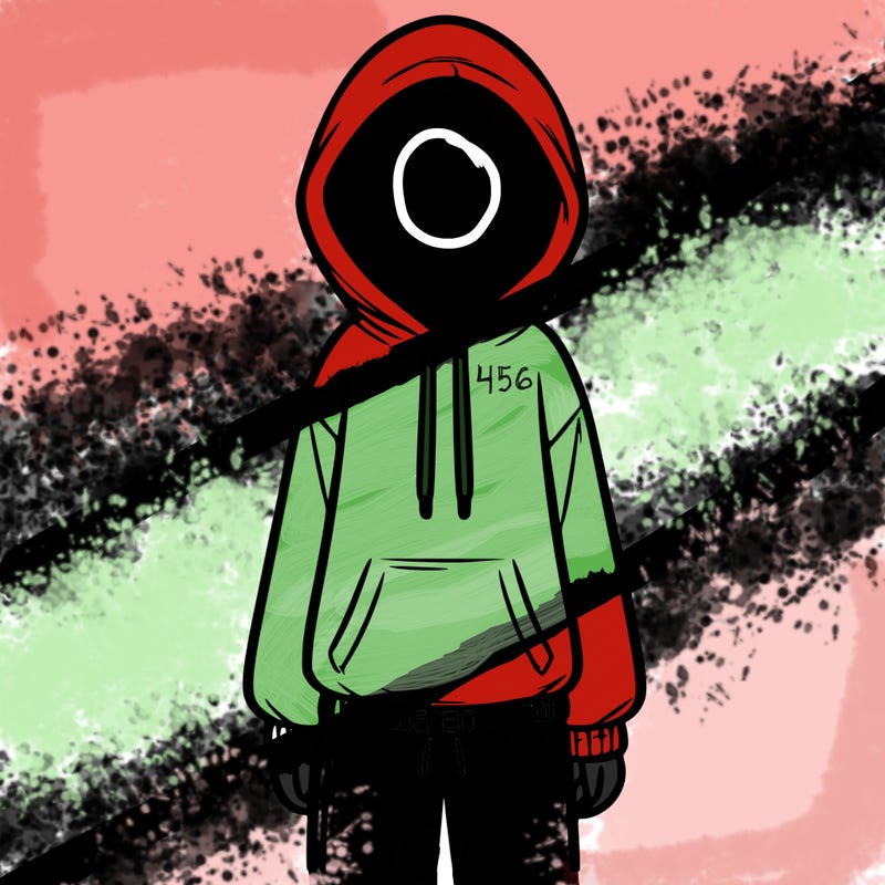 faceless girl in a tracksuit with a hood on and no hair