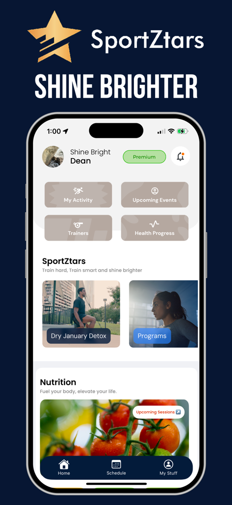 SportZtars:Body Transformation - Dashboard of the SportZtars app featuring fitness activity trainers and nutrition plans.