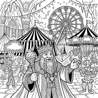 Step into a fantastical fairground where a majestic dwarf king reigns over the revelry. This intricate coloring page captures the vibrant energy of a magical carnival, ready for your creative touch.