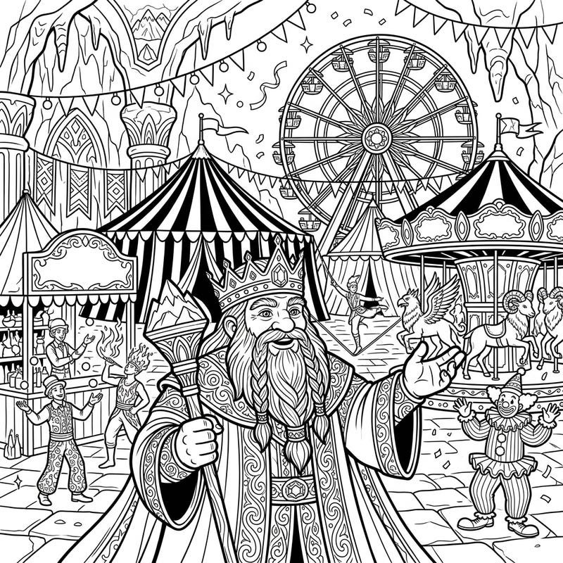 Step into a fantastical fairground where a majestic dwarf king reigns over the revelry. This intricate coloring page captures the vibrant energy of a magical carnival, ready for your creative touch.