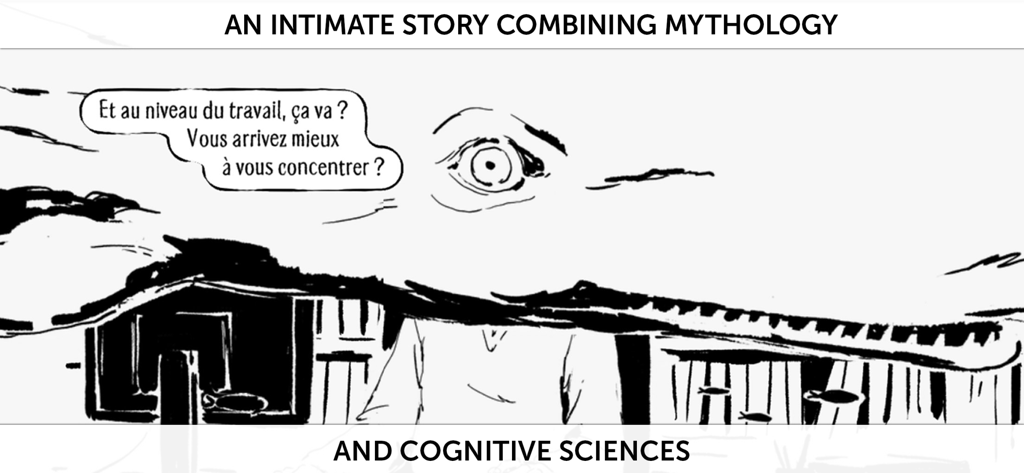 Black and white horizontal illustration from Phallaina with a giant eye and story text about mythology and cognitive sciences